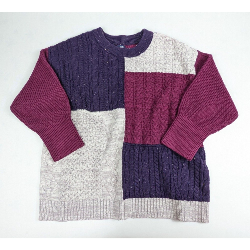 Lands End Womens Heavy Sweater Sz 1x Wool Blend Cable Knit Purple Color Block